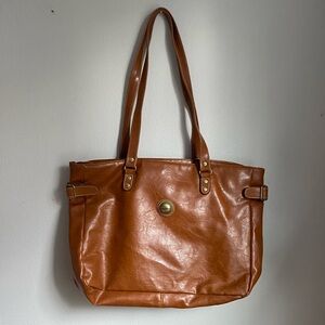Vintage 90s Brown Leather Oversized Tote Shoulder‎ Bag Purse Minimalist Boho